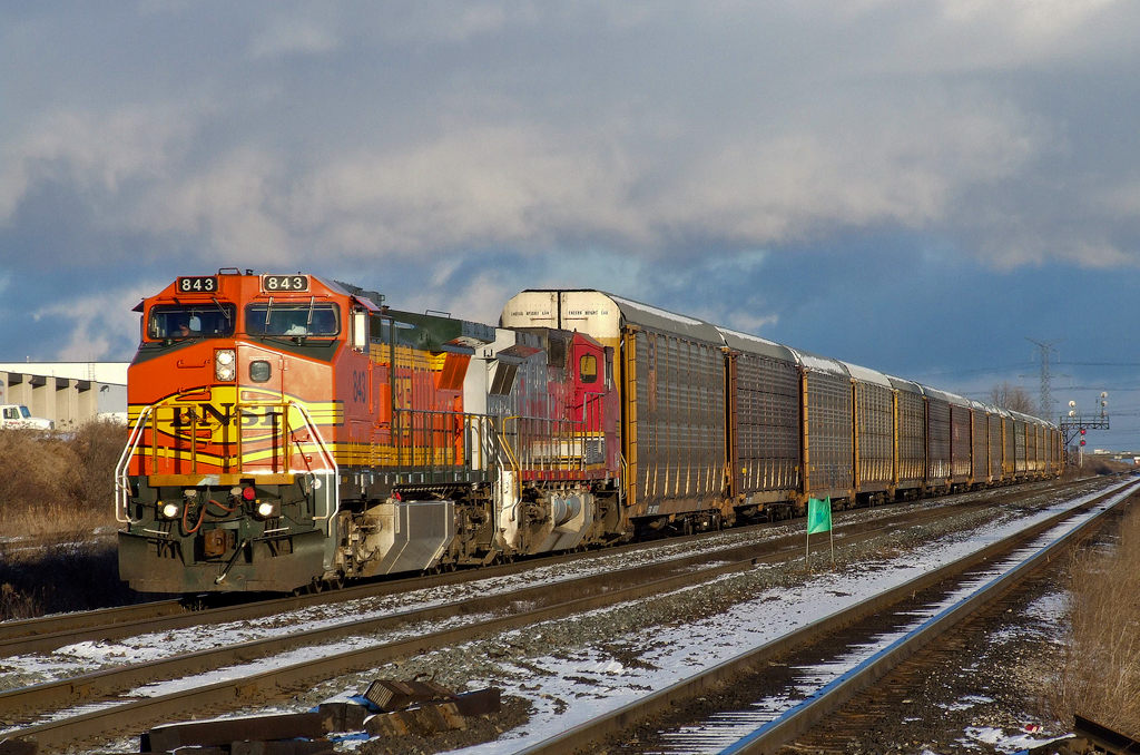 BNSF C40-8Ws 843 and 876 depart CN's MacMillan Yard via the Halton Outbound with Toronto-Sarnia train A411. BNSF 843 is roaming CN's rails again today as CN 2183.