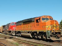 BNSF 134 and CN 2594 making a 5 car lift at Brantford. Soon they will have 394 back underway on it's trip into Toronto