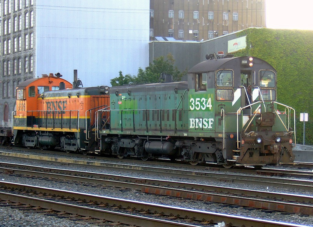 A pair of BNSF SW1200's (3534, 3536) doing some switching near the container ports in downtown Vancouver, BC. From the collection of Rick Gardiner