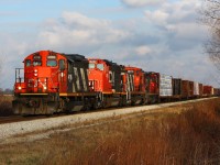 CN 439 had a little bit of everything for power today, not often does one see a GP9RM, a GP38-2W and a GMD1 all on one train... now if only all trains got this kind of retro power!