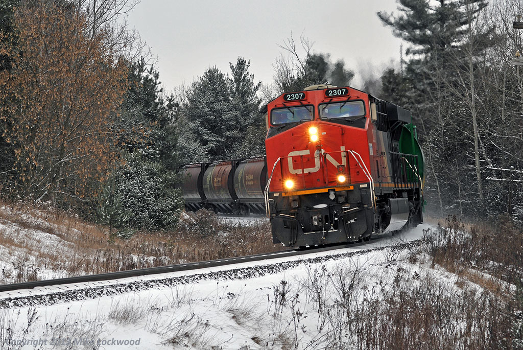 Rounding the flange squealing curve at mile 38.38, CN 2307 leads 302's train towards it's meet with train 301 at Pine Orchard, the fourth of five meets this day for the 301 in at Pine Orchard. On the rear of the train, CN 2240 assists as the DPU. 1231hrs.