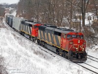 Curving through the approach to the bridge over the Grand River, CN 5561 and 5528 have a good handle on 148's train. The 5444 was also on 148, however they were compelled to hand it off to 393 at Beachville after the trailing unit, 8869, suffered a major failure. The SD60F's are becoming much more common here in the east in the last few months as they have migrated east from the prairies, bumped from secondary assignments by units (I assume) that were in turn bumped out of coal train service by the new ES44AC's. 1447hrs.