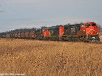 Just south of the hamlet of Cedarbrae, Ontario, CN 874 warms itself during a brief moment of sun on an otherwise gray day. Midway through the 102 car train, the sun surrendered to the omnipresent cloud cover. Of the 102 cars, 93 were SKNX Saskatchewan grain hoppers of both the original and green repaint variety. Quite a treat for fans of the SASK cars, or a fan of the cylindrical covered hopper in general. CN 8901, 2442, and 2598 do the honours (well, not 2598 in this shot as she had shutdown, but the crew got her restarted a few miles later for the climb up the moraine). 1456hrs.