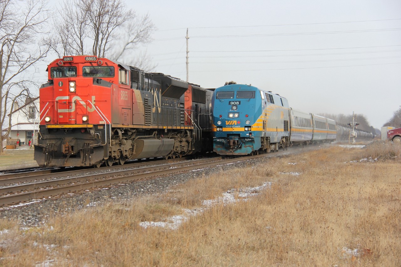 CN 8865 leads CN 331 (I believe) westward at Princeton as VIA 73 speeds by on the south track.