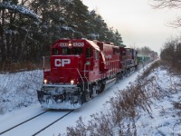 <b> An SD6Deece Leader!</b>. CP 6243 charges train 142 through the slight grade at Flamborough on the Hamilton Subdivision. Seeing stack trains traverse the Ham Sub (once again) is a real treat in itself, but the SD60 leader made it that much better.