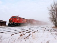 CP's Holiday Train passes through Marquette enroute to Portage. This location is just not quite the same since the elevator was torn down three months ago.