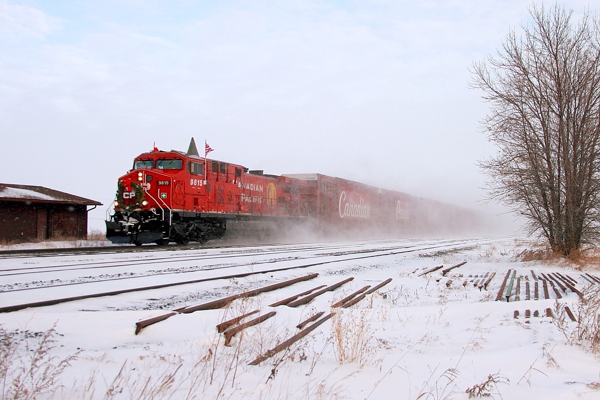CP's Holiday Train passes through Marquette enroute to Portage. This location is just not quite the same since the elevator was torn down three months ago.
