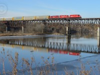<b>The New Kid on the Block</b> GP20C-ECO 2255 is leading the Hagey/Kitchener turn, crossing the Grand River at Galt. With the GP20C invasion well under way, getting your shots of CP GP9's is highly advised... especially if it's paired with one of the "new kids".