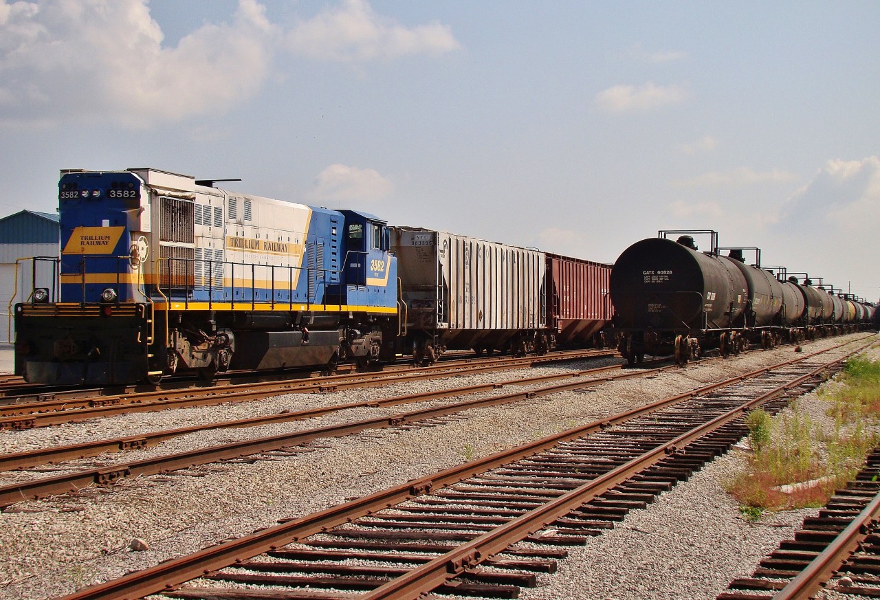 St. Thomas & Eastern 3582 sits in the small, motionless yard in Tillsonburg on a hot Thursday afternoon.