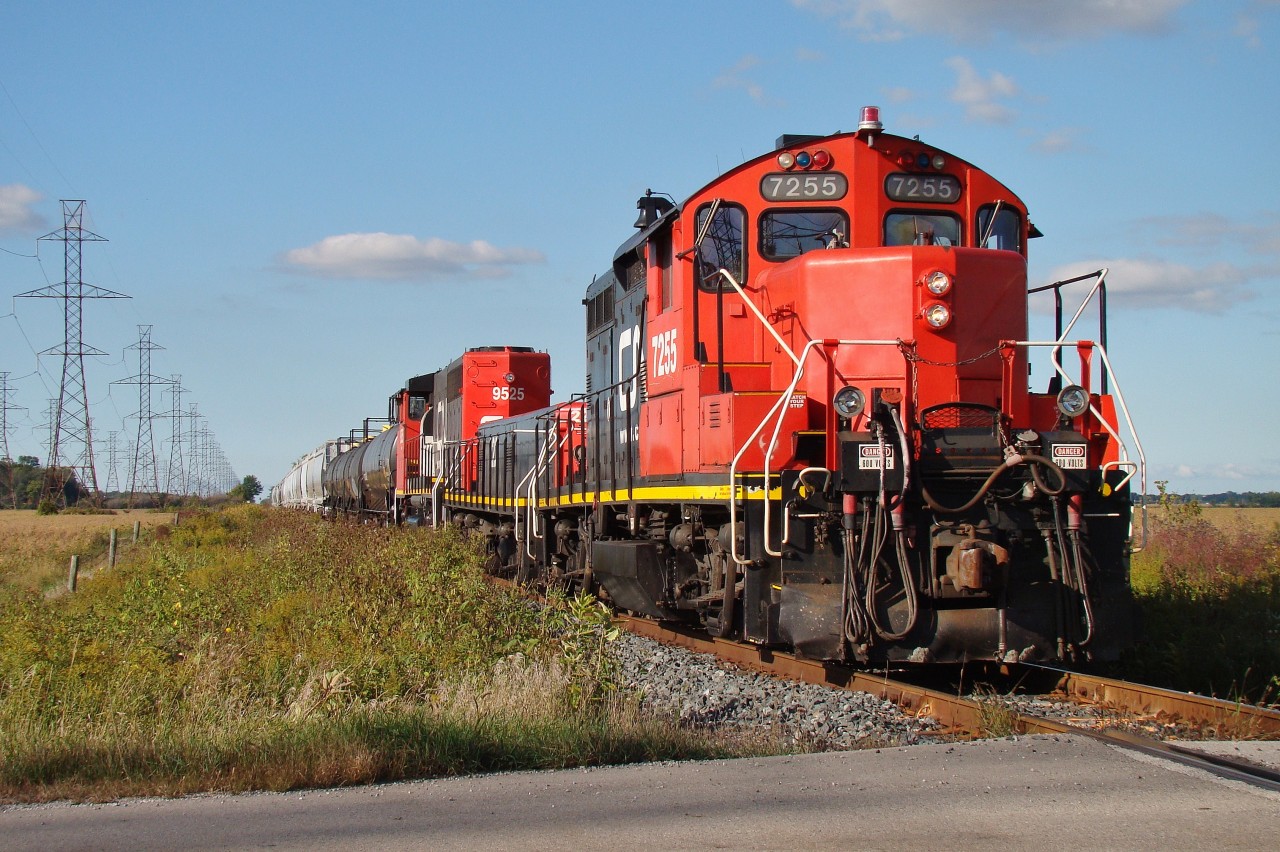 CN 7255, 223 & 9525 have today's local to Terra Industries well in hand as they head south past Courtright Rd., nearly 2/3 of the way into their daily journey south to serve chemical industries that parallel the St Clair River.