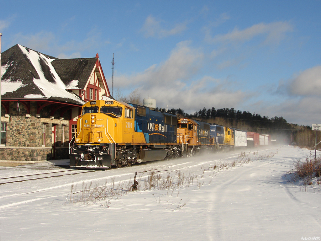 ONT 2101 South with a healthy train 214-11 from Englehart flying through Temagami enroute to North Bay due for a connection with CN 450 to Toronto, then ultimately, to infinity and beyond!