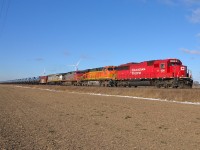 CP 608 sporting a spectacular lashup consisting of CP 6241-BNSF 7685-BNSF 708-CREX 1205,heads eastbound thru Haycroft on a frigid but sunny morning.