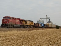 CP 243 led by CP 8777, UP 5550 and CIT 1565 set 3 cars behind the UP, passes westbound thru Haycroft after just passing the Co-op grain elevator.