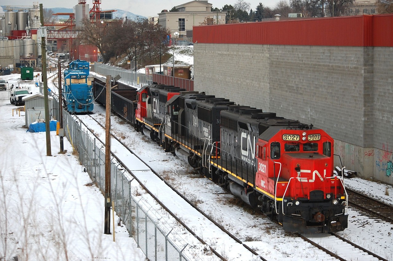 CN 3027,IC 3140&CN 3026 have arrived in Vernon with the daily run from Kamloops and will be departing for Tolko Industries @ Lavington later in the day. CN has recently taken over operation of this line from Kelowna Pacific Railway.