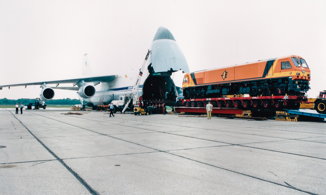 In June 1994, the first JT42HCW for Irish Rail was sent to Dublin by air after its construction at London's GMD plant. This was to allow clearance tests and training before the main order was delivered. The engine was named Abhainn na Sionnainne (River Shannon in english) The airplane is an Antonov An-124. Photo was taken by Glen Fisher, my father-in-law.