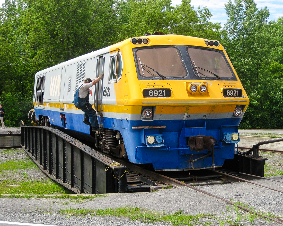 With the help of a trackmobile, this preserved LRC-3 locomotive goes for a spin on Exporail's turntable. For more train photos, check out http://www.flickr.com/photos/mtlwestrailfan/
