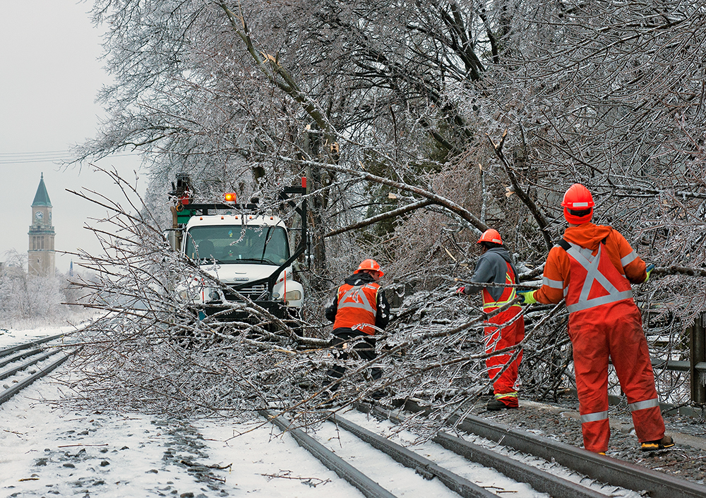 Engineering forces are out and about clearing off down trees from the right of way as seen here along Canadian Pacific's North Toronto Subdivision.