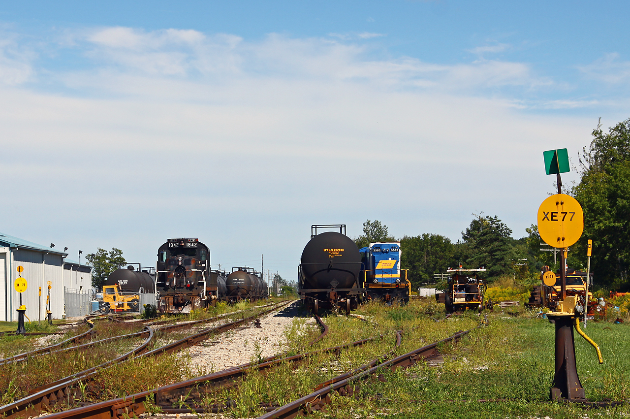 If memory serves me right, this was the only time I saw both of STER's locomotives together, HR412 #3582 and TRRY 1842. At the time, I believe 3582 was stored serviceable just after receiving one of it's trucks back from Lambton Diesel in Sarnia for work (it sat for some time on just one truck). In April 2012, the engine was sent to work on the Port Colborne Harbour Railway when their 1859 had some problems. It has since been returned to the STER and now faces west. RS18u 1842 is almost as interesting and also has some CN blood: after a wreck in 1986 at Espanola, CP 8758 was rebuilt with frame and hood components from retired CN 3634. Time will tell if the rumours of imminent closure of the line are true, but if they are, wouldn't it be neat if OSR could pick up the unusual MLW's?