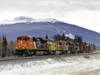 Jasper-Edson as req'd local train L506 speeds away from its origin with work at Swan Landing and Hinton before arriving at Edson. CN 8943, UP 9404, CN 2828 and CN 2507 provide the power, with UP 9404 coming off of a runthrough coal train from the BNSF the night before for whatever reason.