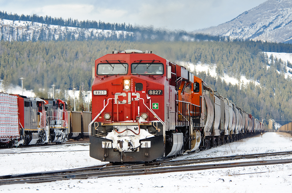 After setting out 3 high-impact (WILD) cars which were detected a few miles east of Jasper, Thunder River Jct, WY-Prince Rupert, BC coal loads depart as CN train C721 behind CP 8827, BNSF 6412 and CP 8822 shoving on the rear.