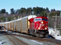 CP SD9043AC 9119 has just taken the light at Boyne on CN's Bala Sub and will re-enter home rails at Reynolds on CP's Parry Sound sub shortly, leaving the Directional Run Zone. Behind the 9119S were 75 empty autoracks making up as required Calgary-Toronto train 794-14.