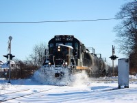 St. Thomas & Eastern dashing through the snow crossing Regional Road 73 on their way to St. Thomas during the railroads last week.