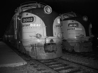 Having just brought 697 north from Toronto, the 2002 will become the Northlander's trailing unit as 2000 is prepped to move off the siding and then onto the nose of 2002.  A regular occurrence when this train was on this schedule, a crew would bring a unit from the shop (it was needed up north) and leave it in the siding for the evening train which was due in at 2315 and departed at 2335.  Enough time for a quick brake test and splash of fuel.  Winter time was another story, though.

Date is approximate.