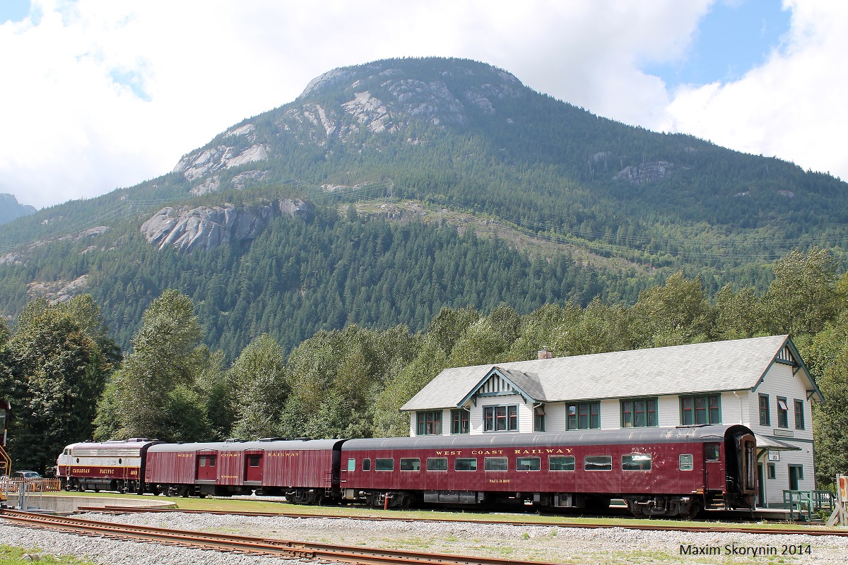 Now retired, CP 4096 "Royal Canadian Pacific" unit rests in a railway museum in Squamish, BC under the mountains.