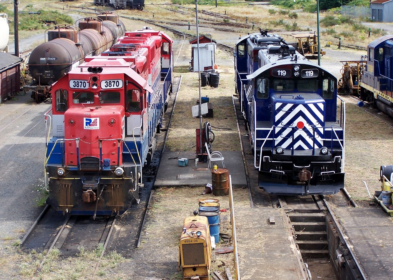 One month after the SRY take over of operations on Vancouver Island SRY 119 and 110 share the engine terminal with ENR GP 38-2s 3870 and 3809.