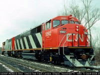 Brand new CN SD60F's #5562 and 5563 test on the GMDD test track in London in November of 1989.  I still love this paint job on the cowl units.  The new scheme, with the single stripe, just doesn't do justice to these modern "F Units".....