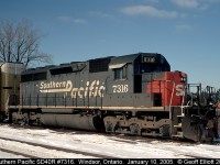 Foreign power is pretty much the 'norm' the past few months on the CP on the Windsor Sub, however it was pretty regular into Windsor for a while.  CP would come over the border with NS, BNSF, CSX, ATSF power, and set it off in Walkerville to be lifted to head west again as soon as possible.  As an example here is Southern Pacific SD40R #7316 which sat in Windsor for a couple of days before being lifted to head west.