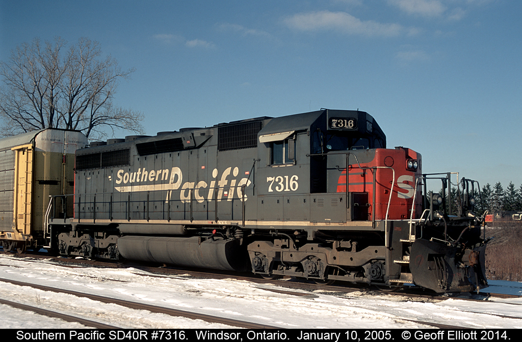 Foreign power is pretty much the 'norm' the past few months on the CP on the Windsor Sub, however it was pretty regular into Windsor for a while.  CP would come over the border with NS, BNSF, CSX, ATSF power, and set it off in Walkerville to be lifted to head west again as soon as possible.  As an example here is Southern Pacific SD40R #7316 which sat in Windsor for a couple of days before being lifted to head west.