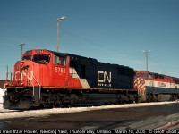 CN 5768 and BCOL 4621, power for CN train #337, lay over in CN Neebing Yard just outside of Thunder Bay, Ontario in March of 2005.