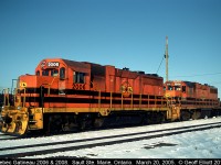 Before the ex-CN GP40-2W widecab units were the 'norm' on the Huron Central, power from various G&W lines would show up in the Sault.  It's early morning and for today's eastbound train we have Quebec Gatineau GP35m's #2006 and 2008 waiting on the pad for a crew to get things rolling.