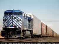 CEFX "Bluebird" AC44CW #1051 is the lone power on a westbound autorack train today.  1051 is waiting in Walkerville for a new crew before departing for the U.S.