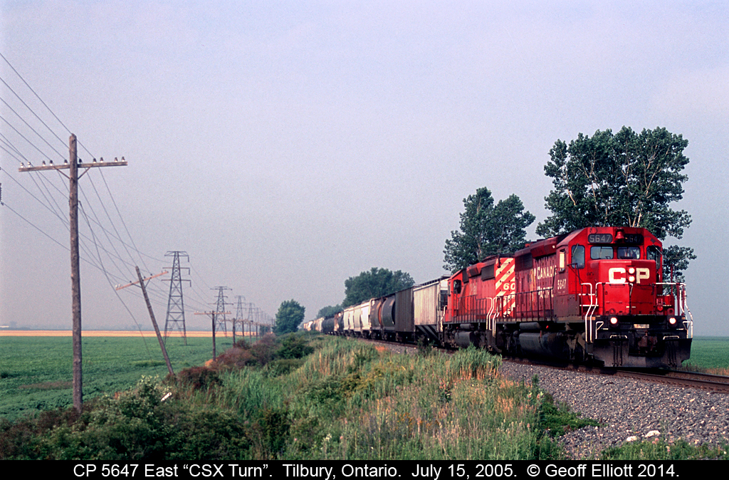 CP 5647 leads today's "CSX Turn" as it approaches Jeanette, just east of Tilbury.  The "CSX Turn" ran from the CSX (C&O) yard in Dearborn, MI to Sarnia, employing CP power and crews for the work.  Once 5647 arrives in Chatham the train will yard, setting off Chatham propers, and then run around it's train to then head around the Northeast wye and make it's way to Sarnia.  We followed this train as far as Wallaceburg, and further photos will be posted later.