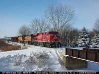 A 'slightly' different angle of CP Train 608-901 as it approaches the Detector at Prairie Siding, Ontario on January 8, 2014.