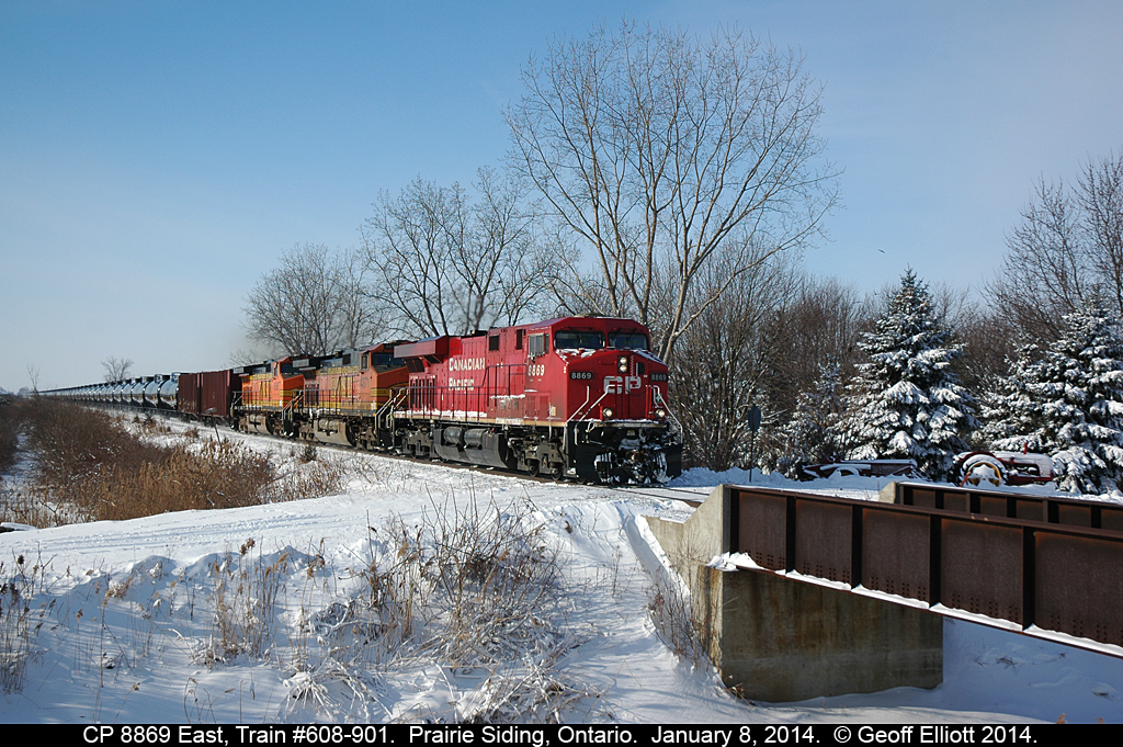 A 'slightly' different angle of CP Train 608-901 as it approaches the Detector at Prairie Siding, Ontario on January 8, 2014.