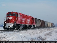 CP GP20C-ECO #2260 leads local T29 as kicks up a little snow on it's way back to Windsor after having performed all of their duties in and around the Chatham area for January 9, 2014.