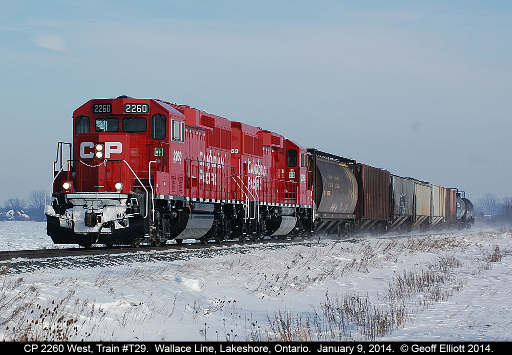 CP GP20C-ECO #2260 leads local T29 as kicks up a little snow on it's way back to Windsor after having performed all of their duties in and around the Chatham area for January 9, 2014.