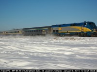 VIA Train #72, with P42DC #905 in the lead, kicks up some snow as it races eastward toward Toronto on a beautiful January 2014 morning...