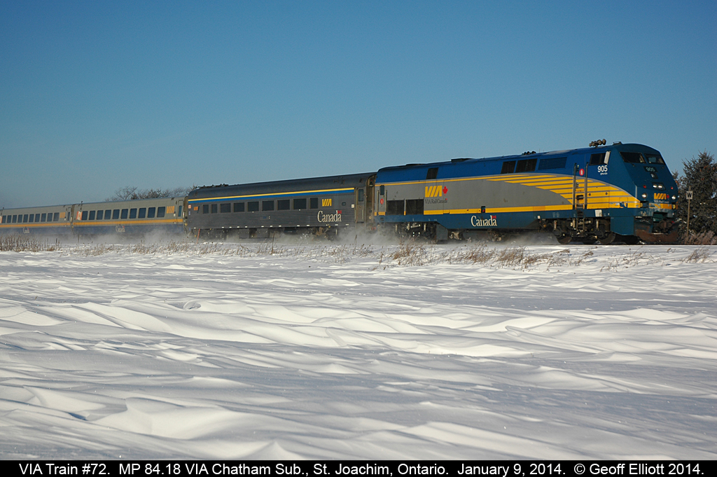 VIA Train #72, with P42DC #905 in the lead, kicks up some snow as it races eastward toward Toronto on a beautiful January 2014 morning...