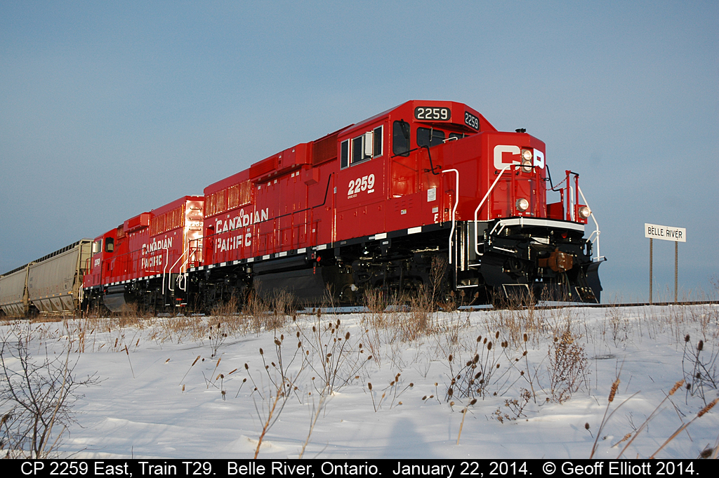 CP 2259 and 2263 gleam in the early morning light as T29 speeds through the Essex County countryside on it's way to Chatham to perform it's daily switching duties.