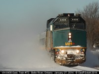 VIA #72 is kicking up the snow as it crosses Duck Creek in Belle River, Ontario on January 27, 2014.