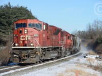 CP train 301-001, with SD90MAC 9134 and SOO 6044 are detouring south via the US due to congestion on the northern route.