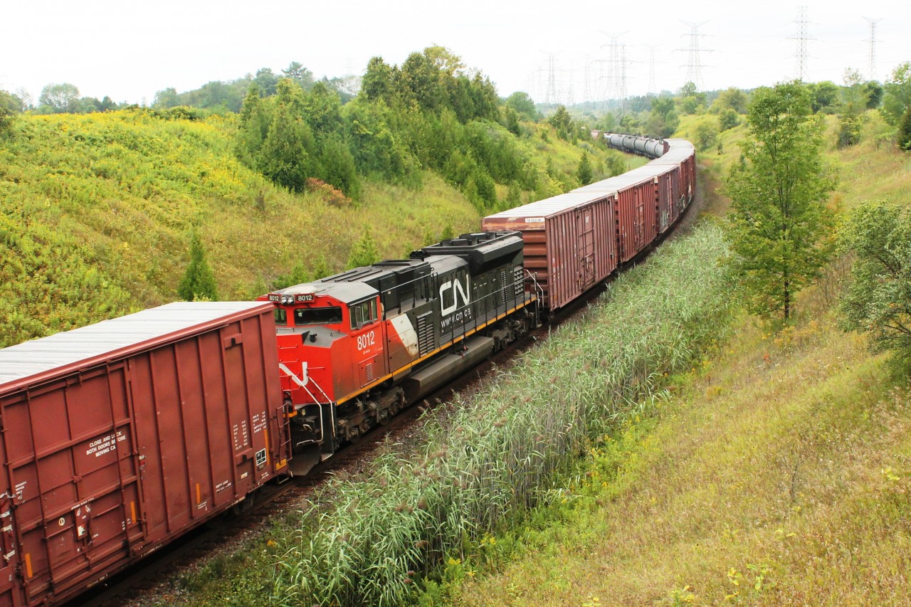 CN 8012 seen from Plug Hat Road bridge near Toronto Zoo. The loco is working mid train north bound up the incline. CN2258 was leading the train as seen in one of my earlier submissions.{id12586}