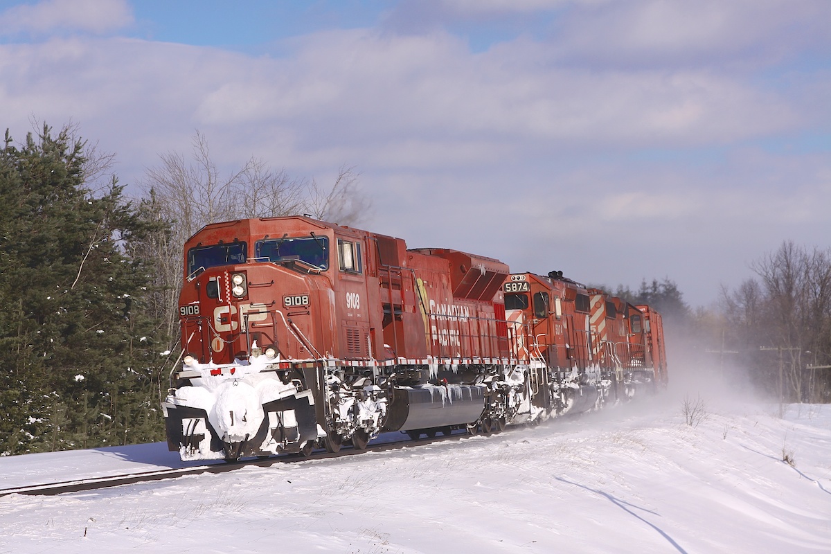 CP 9108, 5874 and 5945 lead their train towards Toronto.  (I thought I heard the RTC refer to this train as CP 432 but I've never heard that number before)