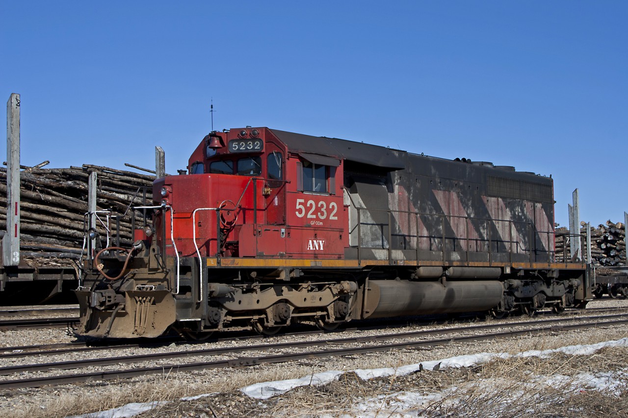 ex. CN SD40 #5232 now lettered for the Athabasca Northern, suns herself in the yard at Lac La Biche