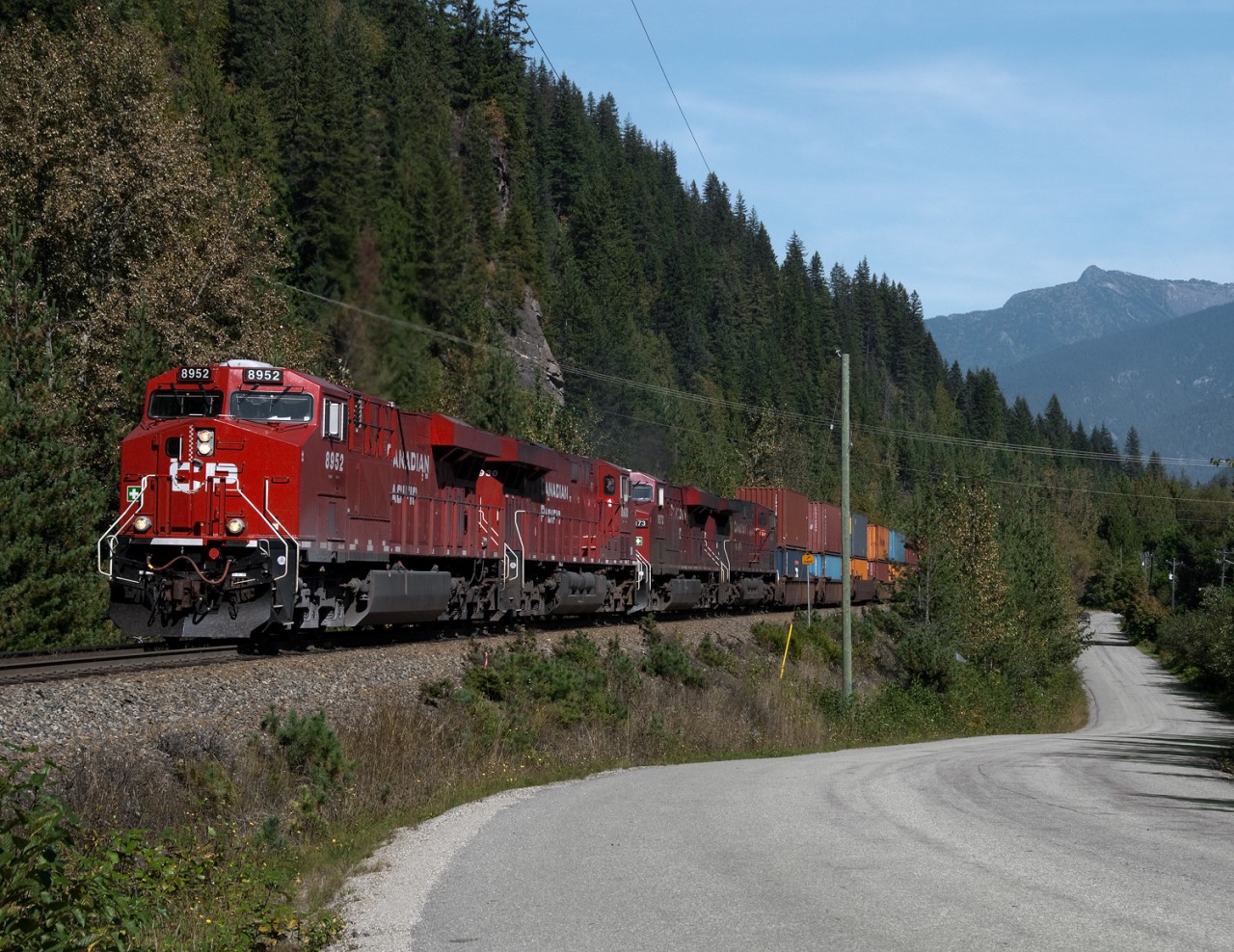 Westbound intermodal starts the climb out of the Columbia Valley at Revelstoke on the south track. The south track was constructed in the early 70's to ease the grade over Eagle Pass for westbound loads. The original line remained as the north track and usually handles eastbounds, mostly empties.