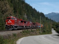 Westbound intermodal starts the climb out of the Columbia Valley at Revelstoke on the south track. The south track was constructed in the early 70's to ease the grade over Eagle Pass for westbound loads. The original line remained as the north track and usually handles eastbounds, mostly empties.